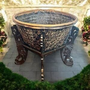 Rattan & Bamboo Basket Planter-Vintage Asian Hand-Woven-Wood Stand-Boho-Storage